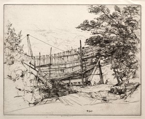 Shipbuilding by Ernest Haskell, created 1891–1925, in etching. Download this artwork as a high-resolution wallpaper for desktop, tablet, or mobile. — Art Picture