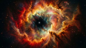 En fargerik supernovasjokkbølge som blåser rød, oransje og gul gass over en støvete tåke.
