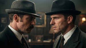 Tommy Shelby et Alfie Solomons dans un affrontement tendu avec des ombres dramatiques.