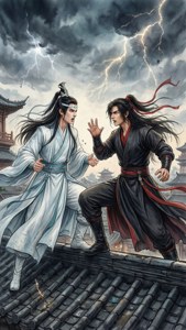 Two martial artists fighting on a stormy rooftop with lightning in the sky. — Mo Dao Zu Shi Wallpaper