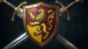 A golden lion on a shield with crossed swords behind it. — House Lannister Wallpaper