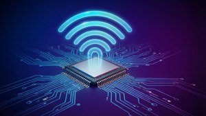 Kunstnerisk digital visualisering av RFID-bølger fra en sentral brikke.