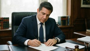 Alex Castellanos signerer papirer ved skrivebordet på kontoret.