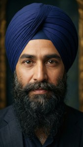 Sfondo per ritratto ravvicinato di un uomo sikh con turbante blu scuro, barba e occhi saggi.