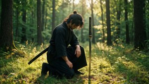 Ryuzu Meyer berlutut di hutan yang tenang, tenggelam dalam pikirannya.