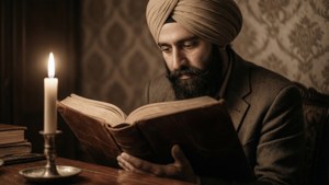 Man med turban läser en bok i ljuset av ett ljus, intim och fokuserad tapetbild.