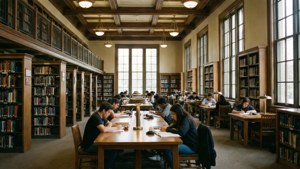 Interior perpustakaan Texas Tech yang damai dengan siswa belajar