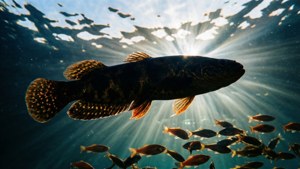 A bowfin swimming in sun rays with a school of fish, backlit view.