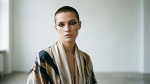 High fashion androgynes Editorial mit geometrischem Eyeliner und fließender Seide