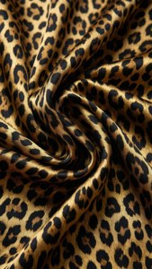 Tessuto di seta lussuoso con stampa leopardo, drappeggio elegante.