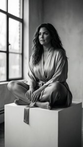 Ashley Graham i en silkekåpe på en hvit pidestall i monokrom
