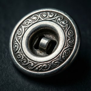 En metallisk knap med detaljeret gravering under dramatisk lys.