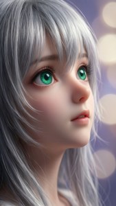 Isla close-up portret met smaragdgroene ogen en zilver haar, dromerige bokeh-achtergrond