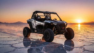 Metallinhohtoinen hopea Polaris RZR Pro R kiitävänä suolatasangon yli auringonlaskussa heijastusten kanssa.