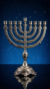 Una menorah d'argento ornamentata con dettagli intricati su uno sfondo notturno stellato.