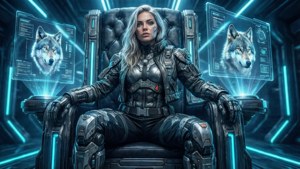 Bronya as Silver Wolf on a cyberpunk throne with holograms