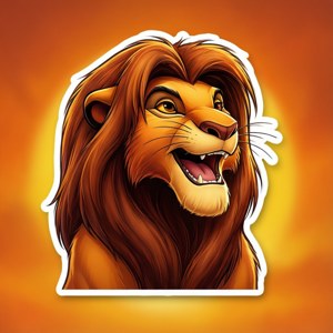 En leken Simba-klistremerke med en livlig solnedgangsbakgrunn, ideell for løvekonge-elskere.