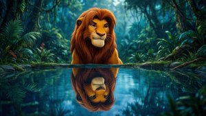 Simba begrundar sin reflektion i vattnet
