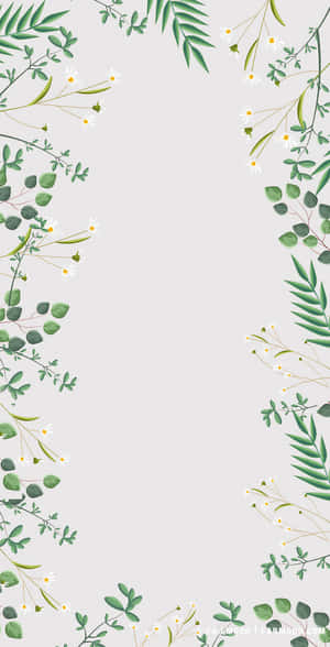 Botanical border with green leaves and white daisies on light gray background.