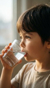 Seorang anak minum air dalam cahaya lembut, menangkap kegembiraan murni dan kebutuhan akan air bersih.