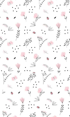 Rosa blommor, svarta stjälkar och nyckelpigor på ett vitt bakgrundsmönster. — Cute Pattern iPhone Bakgrundsbilder