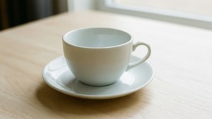 Une tasse à thé blanche sur une soucoupe sur une table en bois clair dans une lumière douce du jour