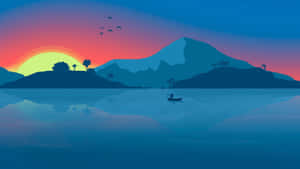 Pescatore che getta lenza in lago calmo al tramonto colorato con sagoma di montagna.