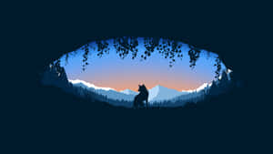 Un lupo siede in una grotta guardando le montagne al crepuscolo.