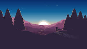 Un zorro sobre un puente al atardecer con vista a montañas y pinos bajo un cielo estrellado. — Minimalista Abstracto Imagen Fondos de pantalla