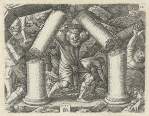 Simsons dood by Cornelis Massijs, created 1549, in paper; engraving. Download this artwork as a high-resolution wallpaper for desktop, tablet, or mobile. — Cornelis Massijs Wallpaper