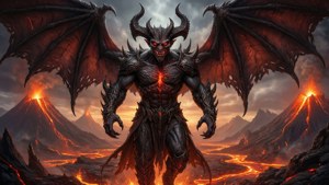 A demonic creature with glowing eyes and wings stands in a fiery volcanic wasteland.