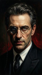 A close-up portrait of Walter with a monocle, exuding elegance and danger.