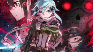 Drei Anime-Krieger mit Waffen stehen einem riesigen mechanischen Schädel mit glühenden roten Augen gegenüber. — Vain Wallpaper