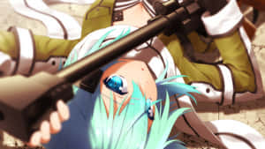 Anime-Mädchen mit türkisfarbenem Haar zielt mit Gewehr in Kampfhaltung. — Vain Wallpaper