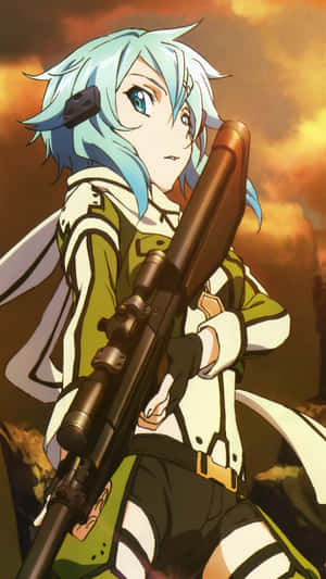 Anime-Mädchen mit blauen Haaren, das bei Sonnenuntergang ein Scharfschützengewehr hält. — Vain Wallpaper