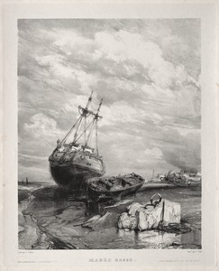 Six Marines:  Marée basse by Eugène Isabey, created 1833, in lithograph. Download this artwork as a high-resolution wallpaper for desktop, tablet, or mobile. — Art Picture