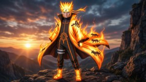 Naruto dalam bentuk chakra terkuatnya dengan latar langit senja