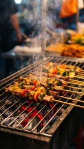A close-up of grilling skewers at a night market stall