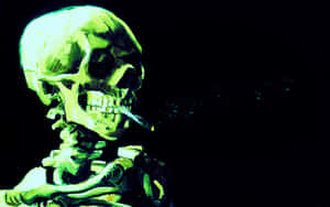A green glowing skull holding a cigarette and exhaling smoke. — Skeleton Wallpaper