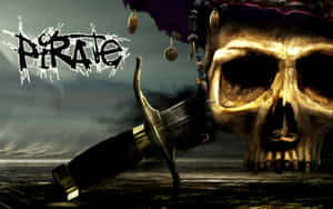 Pirate skull with sword and coins under stormy sky — Skeleton Wallpaper