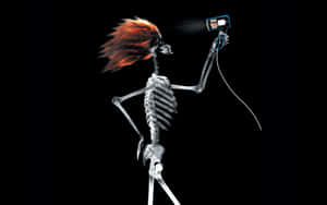 Skeleton with flaming hair using a hairdryer against black background. — Skeleton Wallpaper