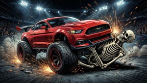 Mobil Hot Wheels menabrak kerangka dengan percikan api di arena gelap