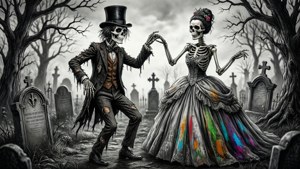 To skjeletter som danser på en kirkegård, Tim Burton-stil