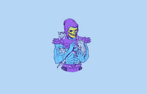 A cartoon skeleton in purple armor holding four kittens.