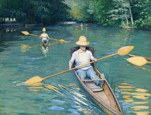 Skiffs by Gustave Caillebotte, created 1877, in oil on canvas. Download this artwork as a high-resolution wallpaper for desktop, tablet, or mobile. — Gustave Caillebotte Wallpaper