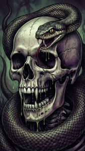 Un'illustrazione fantasy oscura di un teschio intrecciato con un serpente velenoso, che gocciola veleno.