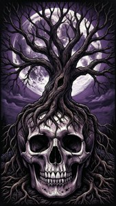 Wallpaper okult surrealis dari sebuah pohon yang berakar di tengkorak manusia di bawah bulan purnama.