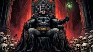 Batman Who Laughs på en trone av hodeskaller med septer