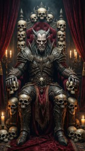 Sinister Dyrroth on a throne of skulls with red curtains.