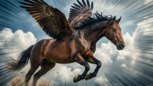 Siivekäs hevonen sukeltaa suurella nopeudella pilvien läpi siivet taitettuna, dynaaminen ja adrenaliinitäyteinen.
